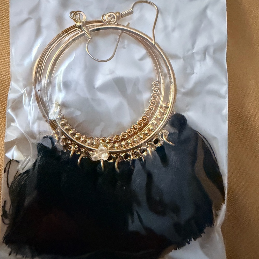 Gold Hoop Earrings with Black Feather Fringe